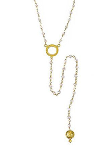 V Open Disk Pearl Beaded Necklace with Long Sri Yantra Drop
