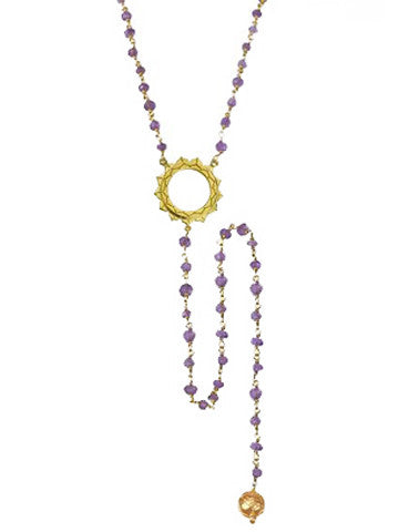 V Sri Yantra Amethyst Beaded Necklace with Long Sri Yantra Ball Drop