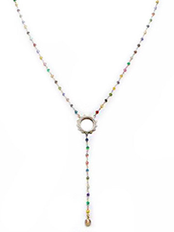 V Sri Yantra Multicolor Beaded Necklace with Long Sri Yantra Ball Drop