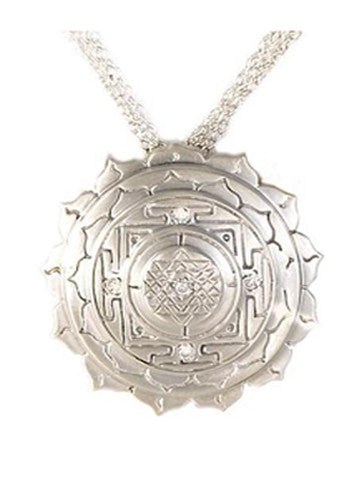 Sri Yantra a Large Pendant Elaborate with 5 White Sapphires in Sterling Silver