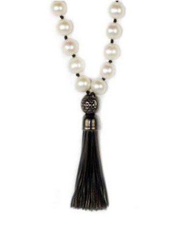 Mala- Pearl with Gunmetal Sterling Silver Tassel