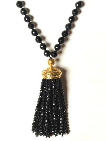 Mala Sri Yantra Beaded Tassel Black Onyx and Bronze Plated Gold