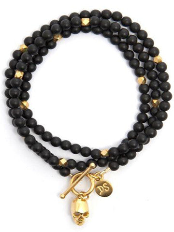 Triple Wrap Bracelet Skull - Black Matte Onyx with Vermeil Skull