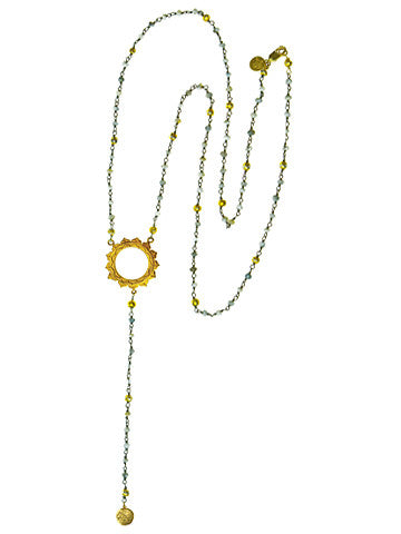 V Sri Yantra Pyrite and Druzi Beaded Necklace with Long Sri Yantra Ball Drop