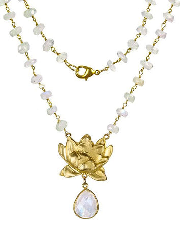 Lotus Beaded Crystal Drop Necklace- Vermeil