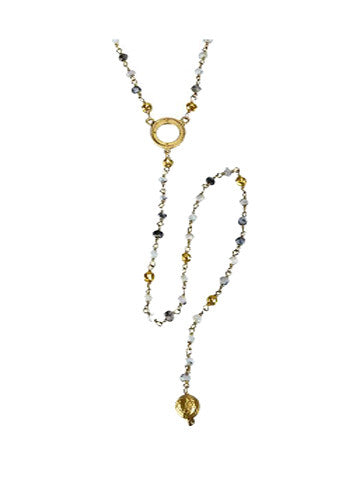 V Open Disk Pyrite/Vermeil Beaded Necklace with Long Sri Yantra Ball Drop