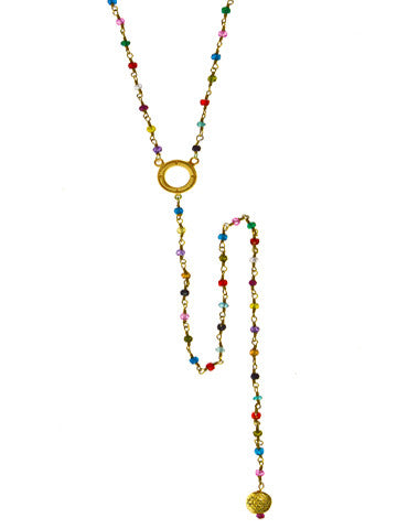 V Open Disk Multicolor Beaded Necklace with Long Sri Yantra Drop